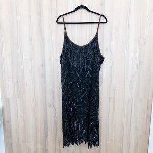 VTG Xoanon Silk Beaded Midi Dress Size XXL Black Art Deco Old Hollywood Glam